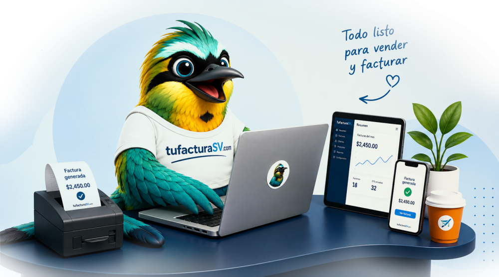Tori cobrando en el mostrador con laptop, impresora y tablet